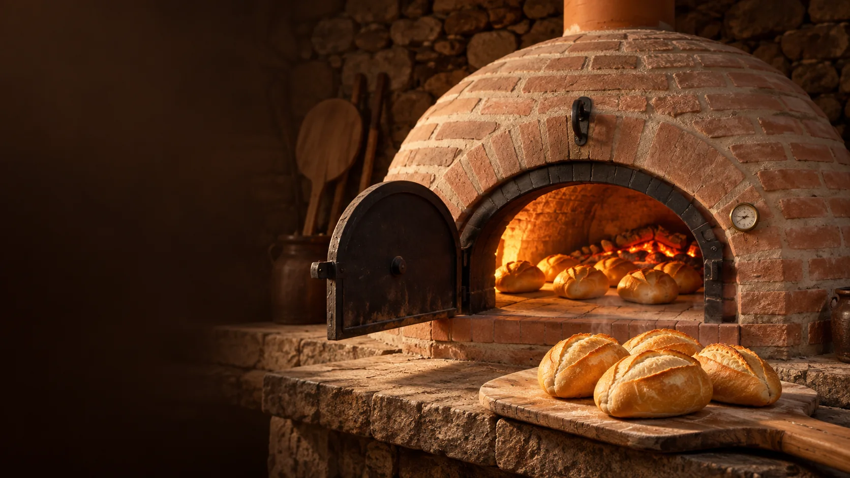 Cena ilustrativa de um forno de tijolos iluminado, com pães dourados sobre uma pá de madeira.